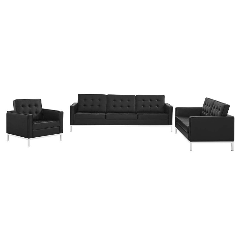 Ensemble de 3 pièces en similicuir capitonné Loft, Similicuir noir