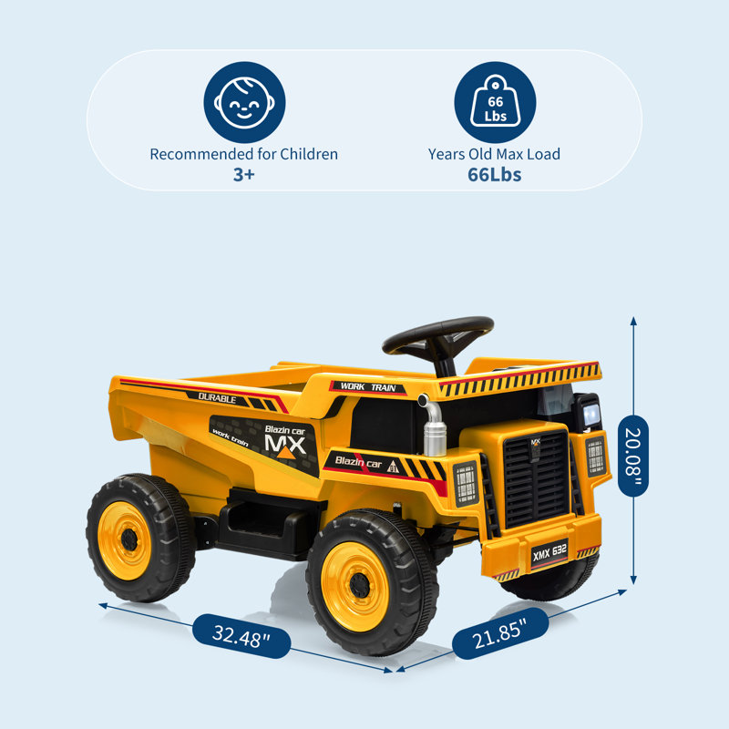 Camion à benne basculante 12 V pour enfants avec benne électrique et pelle, Jaune