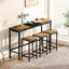 Practical Pub Table With 3 Stools, Innovative Hanging Design, Natural + Black Finish, Easy Assembly And Cleaning Versatile Dining Splicing Tabletop, Metal, Suitable For Dinner Gatherings