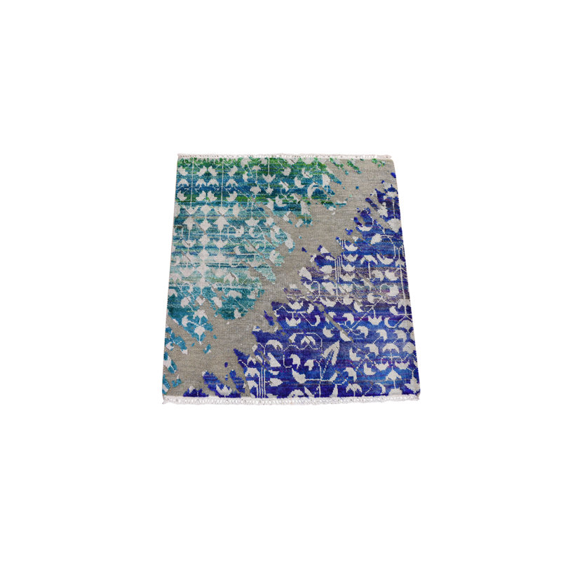 Tapis décoratif carré noué à la main bleu de conception unique 2 pi x 2 pi