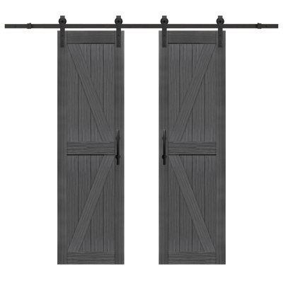 Porte de grange double en MDF avec porte coulissante S&Z TopHand®, dalle de porte de grange solide recouverte d'une surface en PVC imperméable