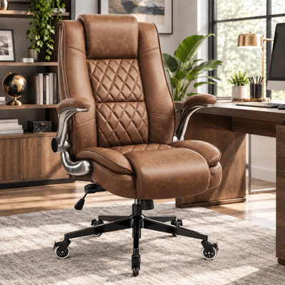 400 lbs Big & Tall Leather Executive Office Chair, Ergonomic High Back Desk Chair with Adjustable Lumbar Support, 90°–110° Tilt, Flip-Up Padded Arms & Lockable Wheels