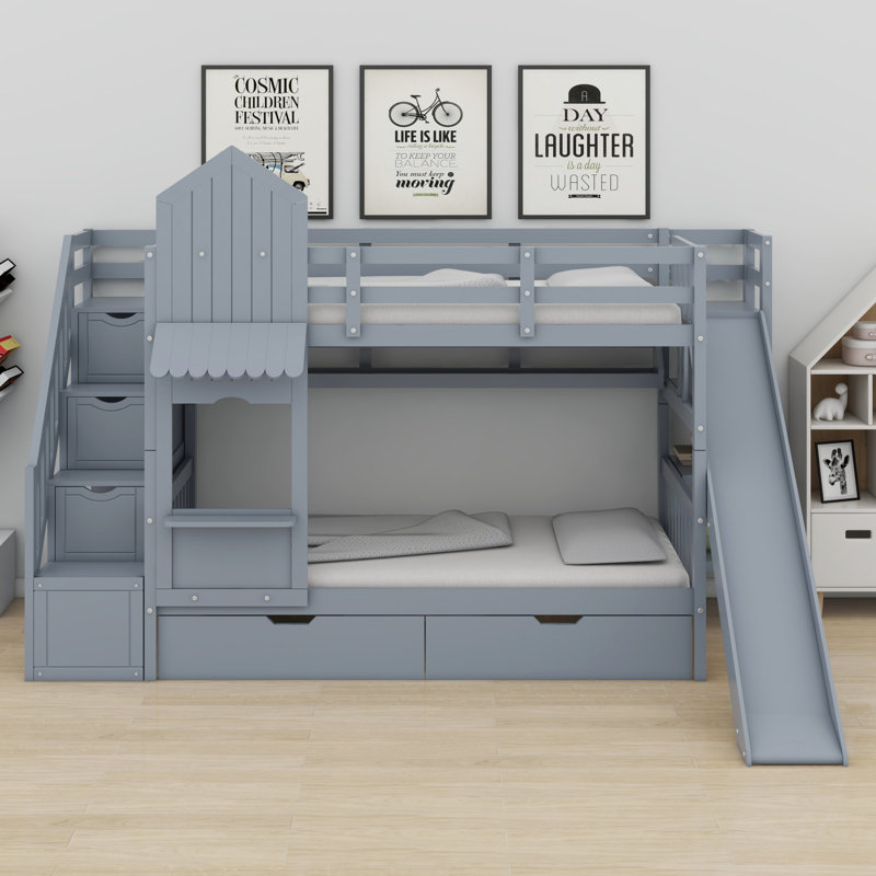 Lit superposé de style château avec 2 tiroirs, 3 tablettes et glissade, Gris