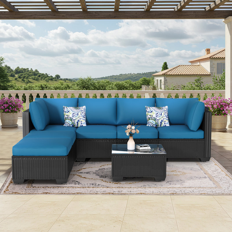 Ensemble de conversation modulaire en rotin 7 pièces avec coussins Emilienne, Bleu paon