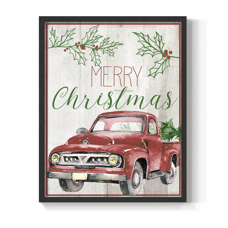 Merry Christmas - camion rouge, reproduction encadrée - bois massif, Noir, noir, noir, noir, H 15 po x l 12 po