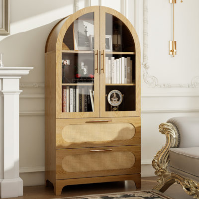 Arched Wood Storage Cabinet With Rattan Doors, 3-Tier Freestanding Display Shelf With Hidden Storage