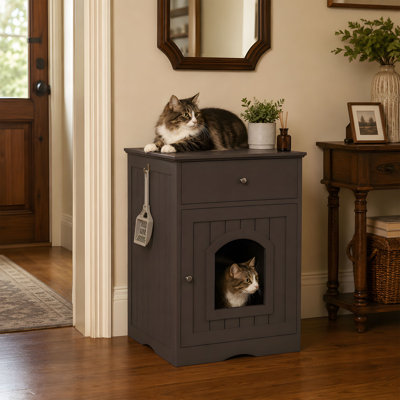 Meuble dissimulant un bac à litière pour chat avec tiroir de rangement et crochet latéral pour pelle, meuble à litière caché, table d'appoint/table de chevet multifonction pour chats d'intérieur