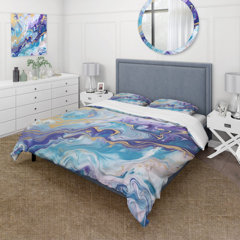 Ensemble de housse de couette turquoise et mauve liquide Art V - Fractals, Housse de couette pour grand lit et 2 taies décor
