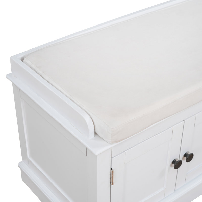 Storage Bench With 4 Doors And Adjustable Shelves, Shoe Bench With Removable Cushion For Living Room, Entryway (White), White