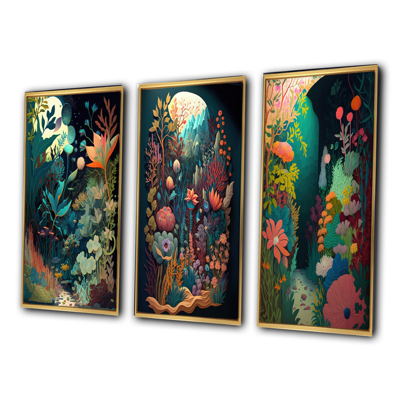 «Bounties And Blooming Wilderness Blessings», 3 pièces sur toile, Or, H 28 po x l 36 po
