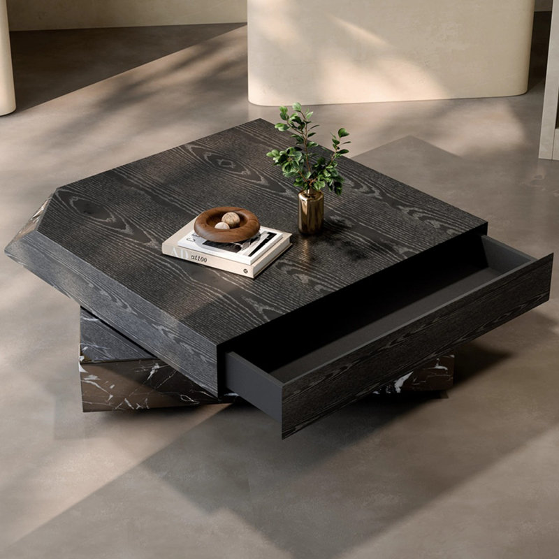 Black Solid Wood Square Rotatable Coffee Table