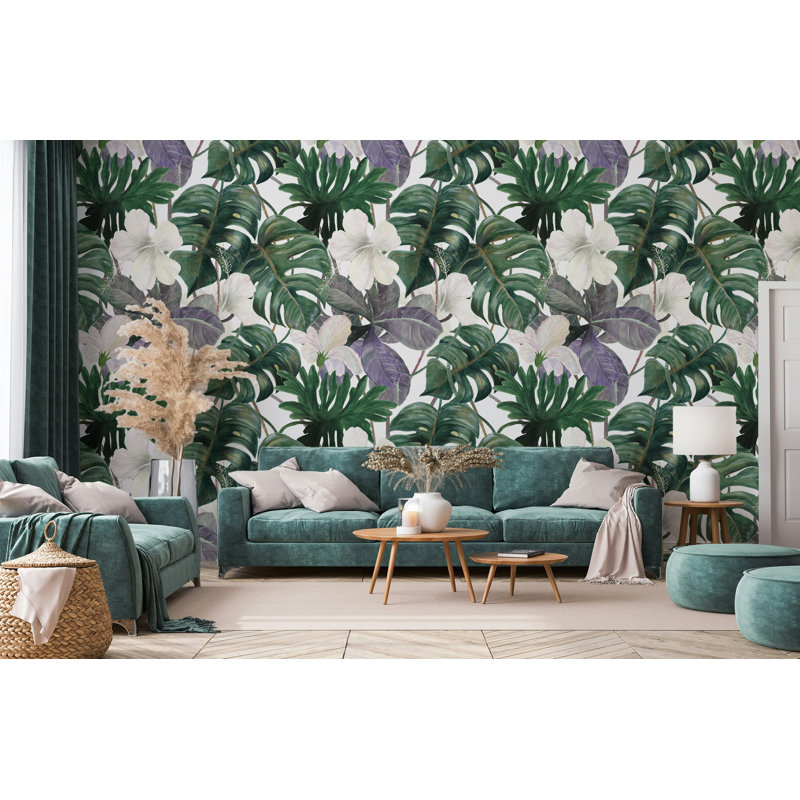 Papier peint floral tropical avec feuilles vertes tropicales, L 50 po x l 75 po