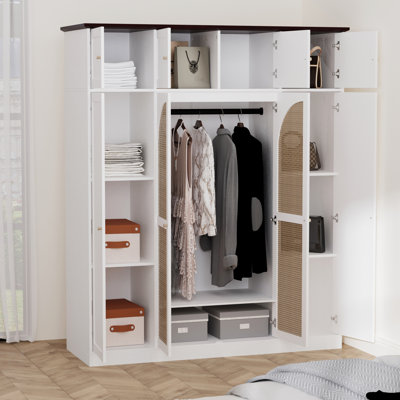 Armoire-penderie à grande capacité de 70,87 po à 8 portes avec tringle à penderie, tablettes réglables et portes décoratives en rotin, armoire de rangement pour vêtements