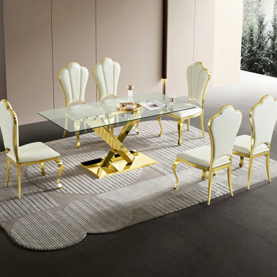 Table de salle à manger 70,93 pouces avec plateau en verre trempé rectangulaire doré, pieds en acier inoxydable, apparence sobre, table pratique avec plateau transparent, design minimaliste,