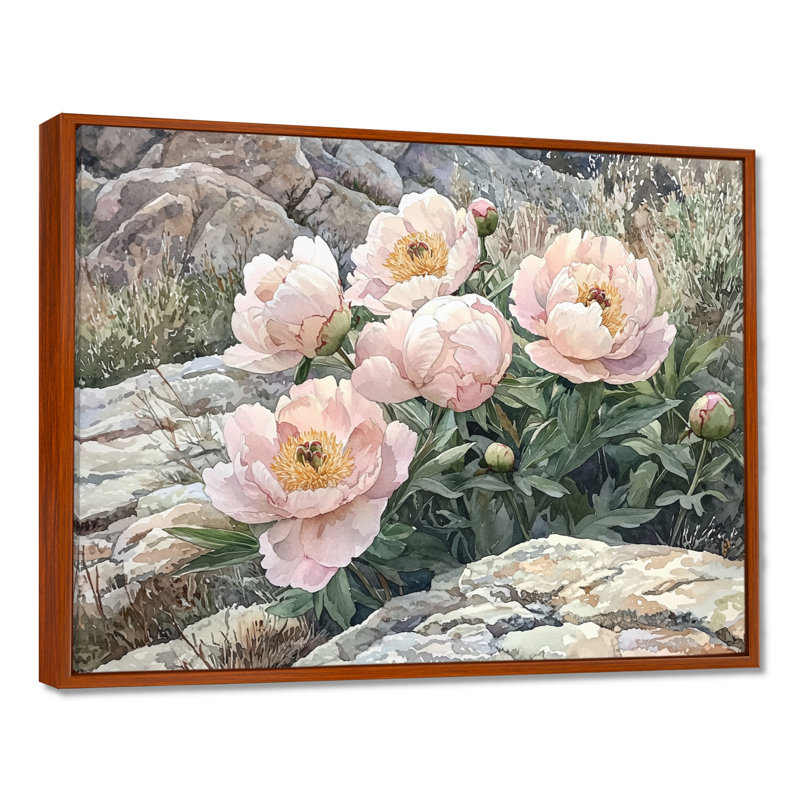 Insafes pivoines dans les contreforts rocheux II - pivoines, art mural, Brun, H 12 po x l 20 po