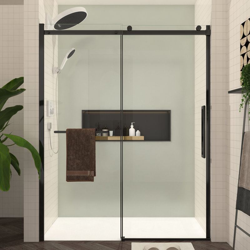 Porte de douche de 56 à 60 po x H 76 po, verre trempé, supports noir mat, coulissant lisse, revêtement à l'eau, verre de rénovation de salle de bain H 76 po, style, accessoires, mouvement, finition facile à nettoyer, rafraîchissement