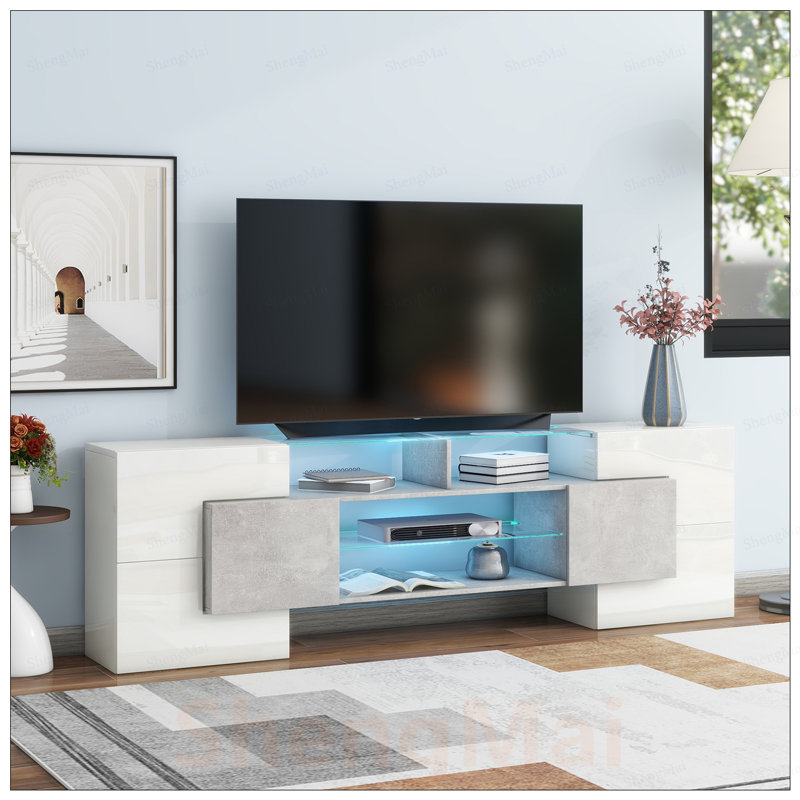 Meuble télé de forme unique avec 2 tablettes en verre illuminées, centre de divertissement ultrabrillant pour téléviseurs jusqu'à 88 po, armoire à DEL polyvalente pour le salon