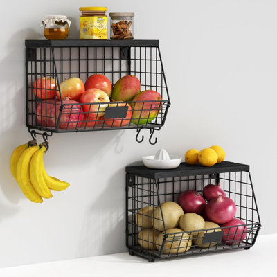 Ensemble de 2 paniers à fruits suspendus pour comptoir de cuisine, paniers en fil de fer empilables pour l'organisation avec couvercle en bois