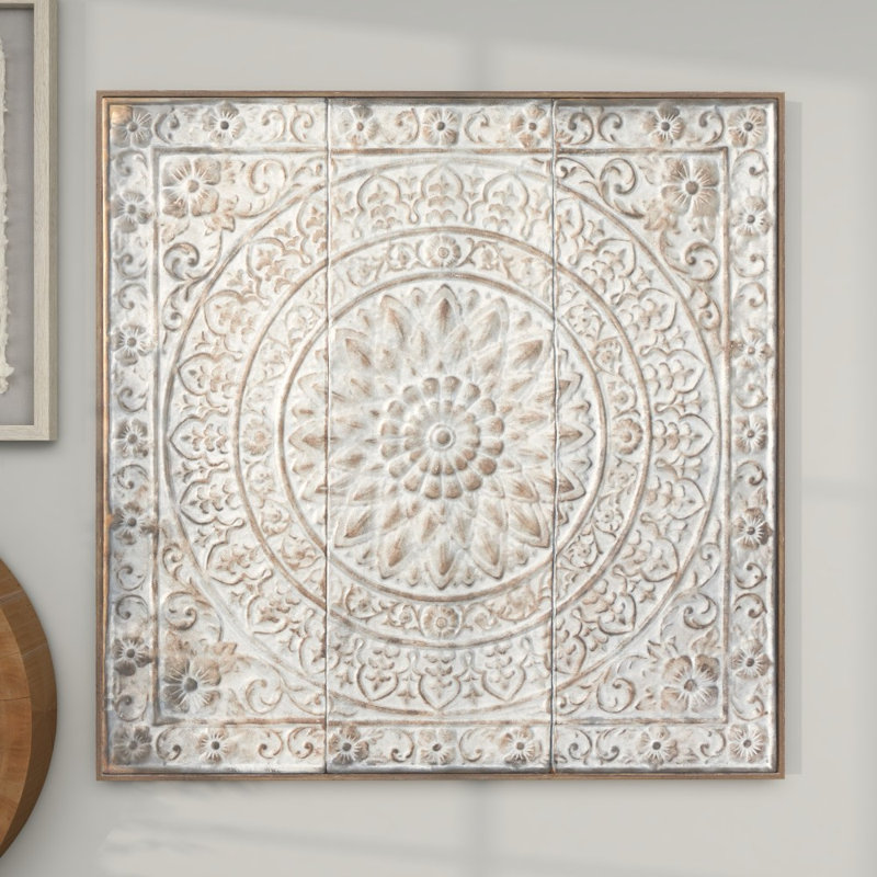 Cvitko Metal Embossed Scroll Floral Wall Decor with Gray Backing, Bronze/Silver