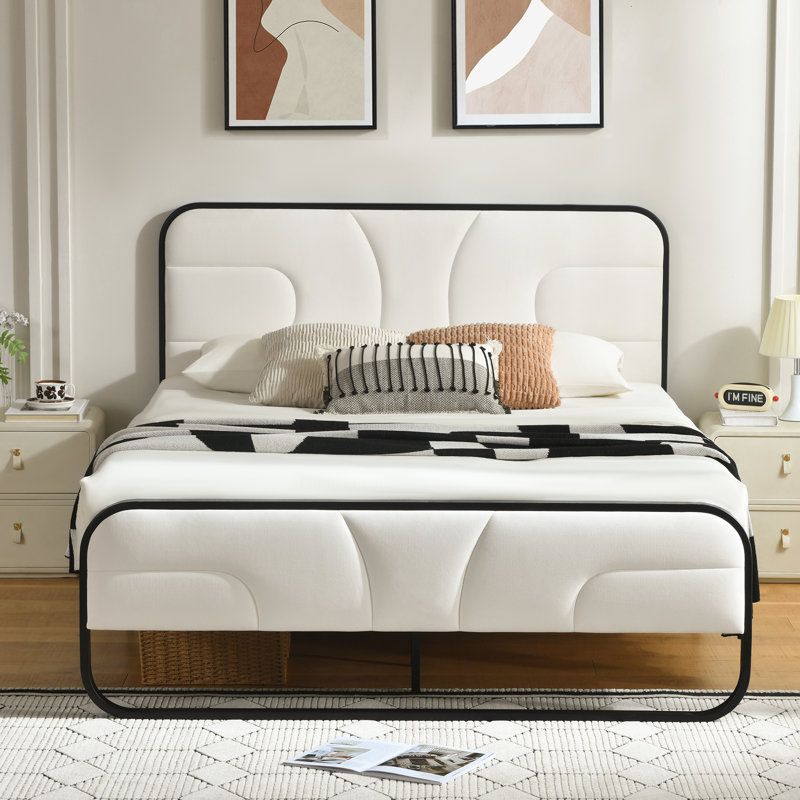 Nelsie Upholstered Platform Bed with Velvet Tufted Headboard,White Fabric,Black Frame, Full, White