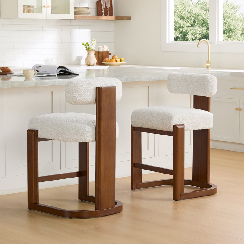 Tabouret de comptoir rembourré en bois massif, Siège perle / structure noyer