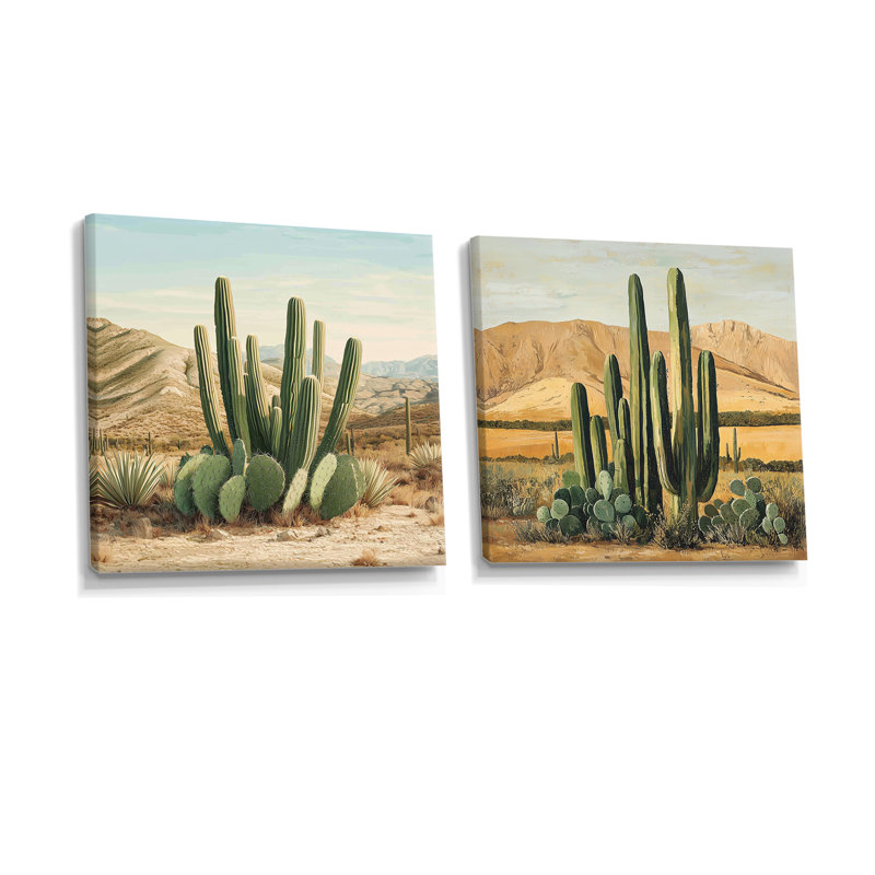 Cactus et le désert - Cactus floral - art mural traditionnel 2 pièces, H 36 po x l 73 po, Frameless Print, Ne s’applique pas