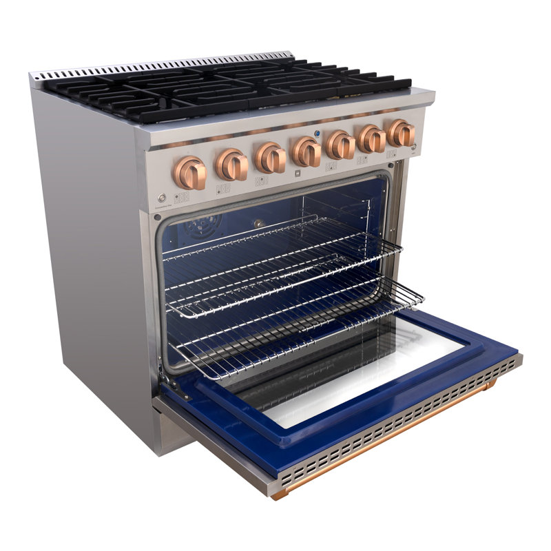 Akicon 36 Inch Freestanding Gas Range - Gas Oven Stove With 6 Sealed Burners, Heavy Duty Cast Iron Grates - 5.2 Cu.ft. Capacity Rapid Convection Oven With Porcelain Interior (copper & Stainless Steel)