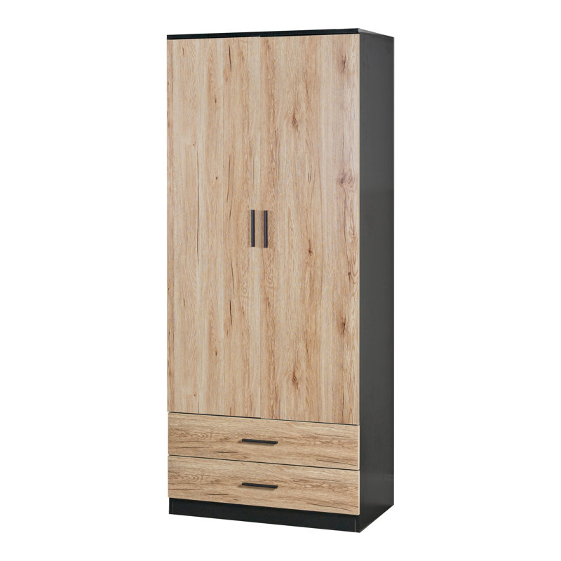 Gianpietro 2 Door Manufactured Wood Wardrobe, Black Carcass/Oak Drawer
