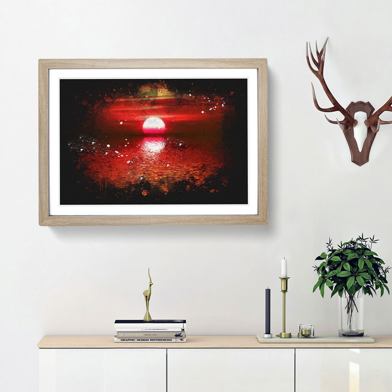 Red And Orange Sunset Above The Sea - Single Picture Frame Print on MDF, Oak Framed, 62cm H x 87cm W x 2cm D