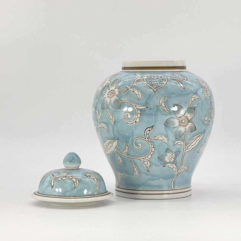 Light Blue Floral Ceramic Ginger Jar, 12"