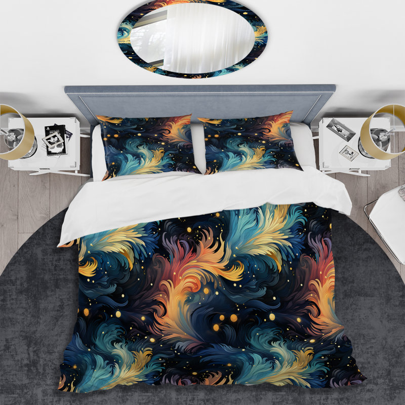 Ensemble de housse de couette à motif abstrait Teal And Orange Cosmic Ikat Whirls