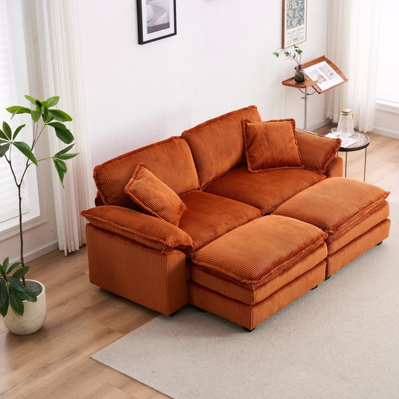 Canapé en velours côtelé 2 places avec coussins de dossier et de repose-pieds, deux repose-pieds, assise profonde pour une détente confortable dans le salon, orange