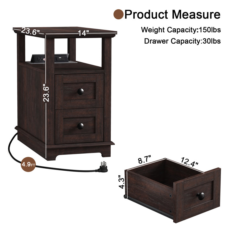 2 Drawers End Tables with Storage and Fast Charging Station for Living Room, 1 unit, Dark Brown