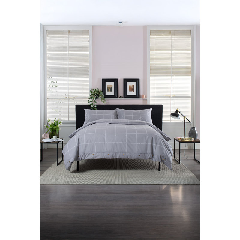 Crossley Heath Duvet Set – 100% Cotton With Piped Cotton Gingham Duvet Cover Set with Pillowcases Included, Grey/White