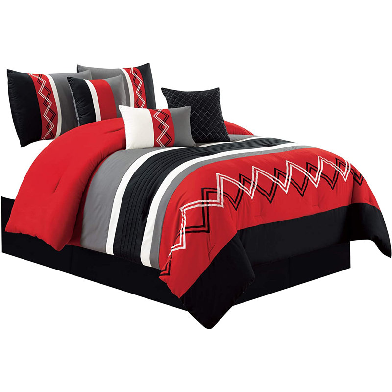 Microfiber Modern & Contemporary 7 Piece Comforter Set, Red/Black/Gray/White, California King Comforter + 6 Additional Pieces