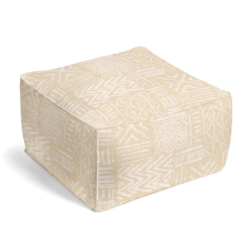 Upholstered Pouf, Ecru Polyester Blend/Linen Blend
