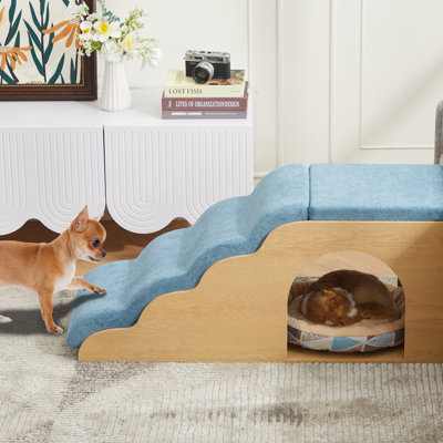 Escalier pour animaux en bois avec rampe rembourrée et aire de repos ou petits chiens et chats