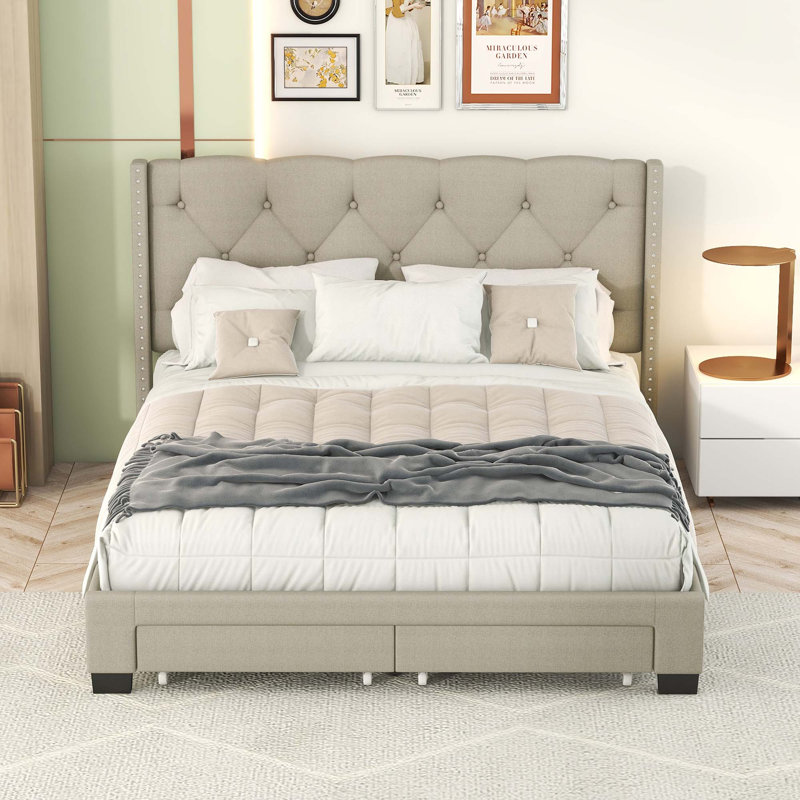 Lit plateforme tapissier Blasford, Beige