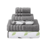 Ensemble de six serviettes à fils modernes, dont deux serviettes de bain, deux serviettes à mains et deux débarbouillettes en jacquard de type Oxford teint en fil uni et à motif de vignes biologiques