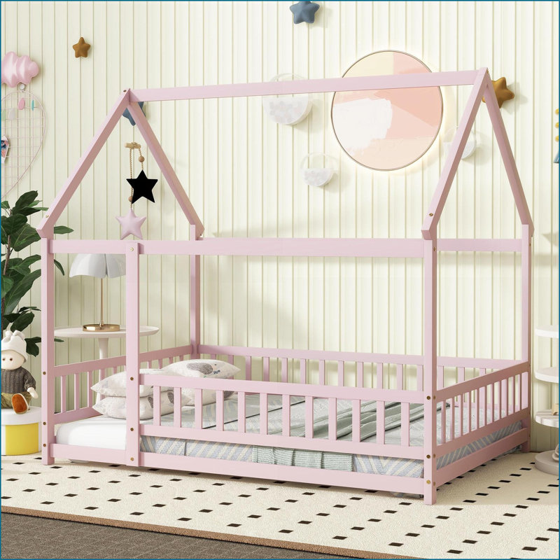 Full Size Rubber Wood House Floor Bed Frame with Roof &amp; Guardrails - No Box Spring Needed, Pink Bedroom, Full , Pink