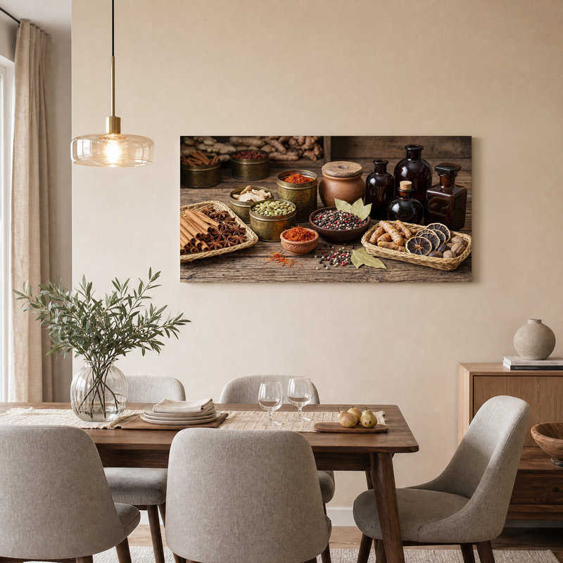 Assortiment d'épices et d'herbes sur une surface en bois rustique, art mural sur toile, L 32 po x H 16 po