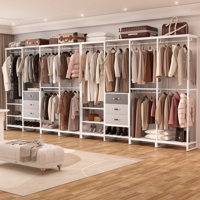 Shande 74'' Closet System with Drawers, White/Grey