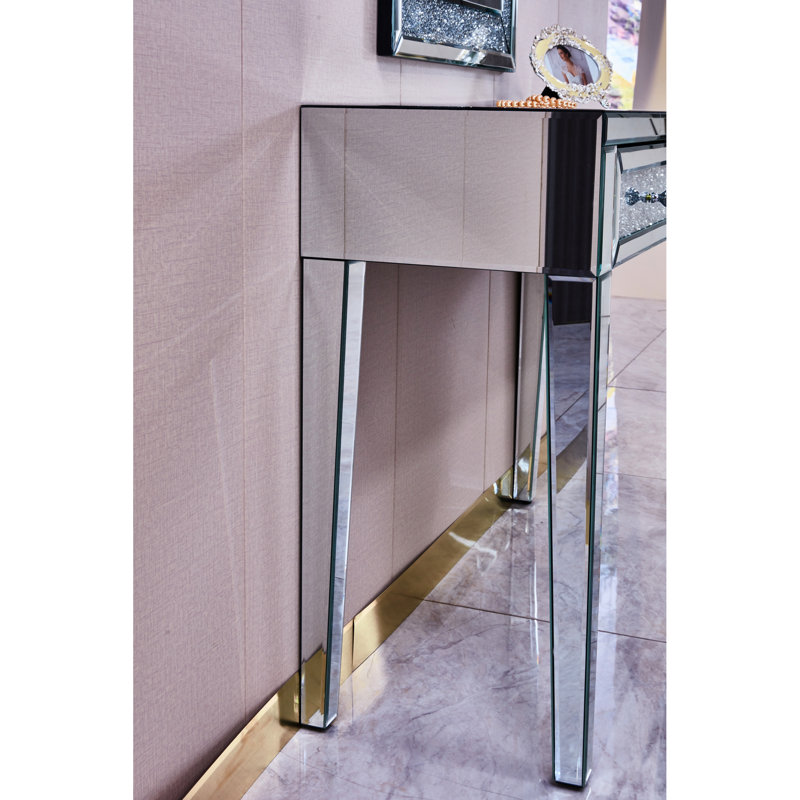 Bureau moderne brillant avec miroir, 2 tiroirs, verre, fermeture amortie, autoportant et miroir pour chambre à coucher - Fonctionnel