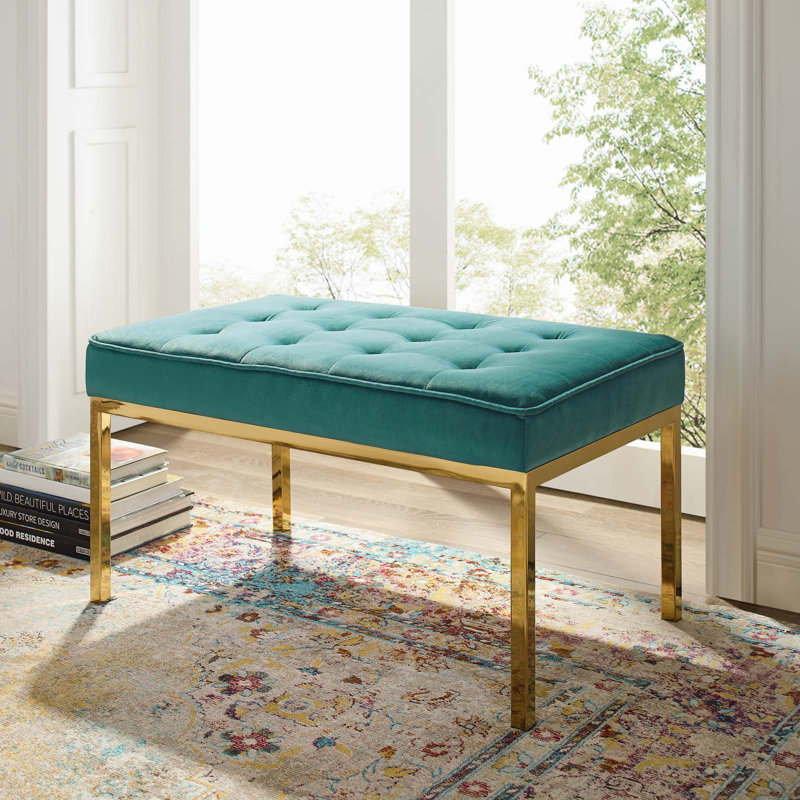 Banc en cuir capitonné Loft, Sarcelle / Doré, H 17,5 po x l 34 po x P 20 po