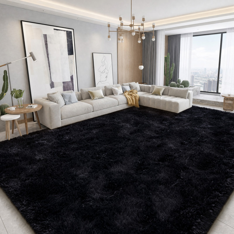 Solid Rug Soft Fluffy Black Indoor Area Rug for Living Room Bedroom Nursery Kids Room, Rectangle 9' x 12', Black