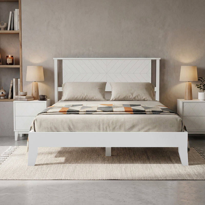 Queen Size Deluxe Bed Frame With Headboard With Solid Wood, No Box Spring Needed,  Easy Assembly, White, White, Queen
