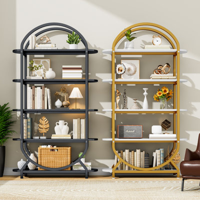 Ensemble de 2 grandes bibliothèques arquées à 5 niveaux avec bibliothèque et étagère de rangement moderne et courbée industrielle ouverte pour salon, bibliothèque, bureau personnel, noir et or