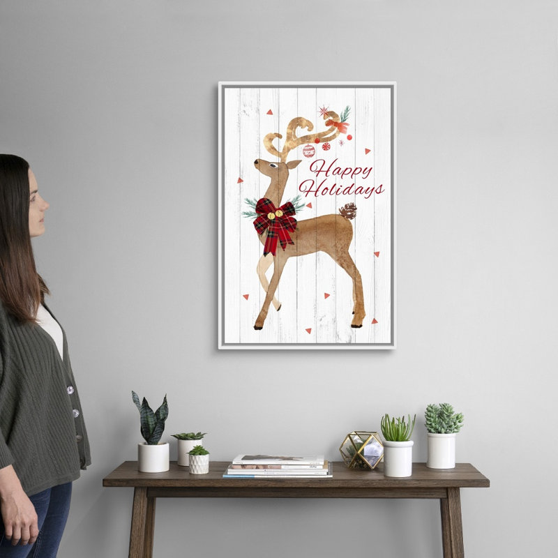 «Happy Hoildays Deer», reproduction d'art textuel sur toile, H 32 po x l 22 po x P 1,75 po, Cadre blanc