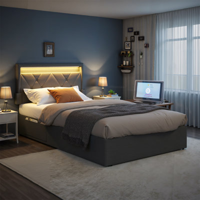 Bed with Adjustable Upholstered Headboard and 4 Drawers, 1 USB Port and 1 Type C Port