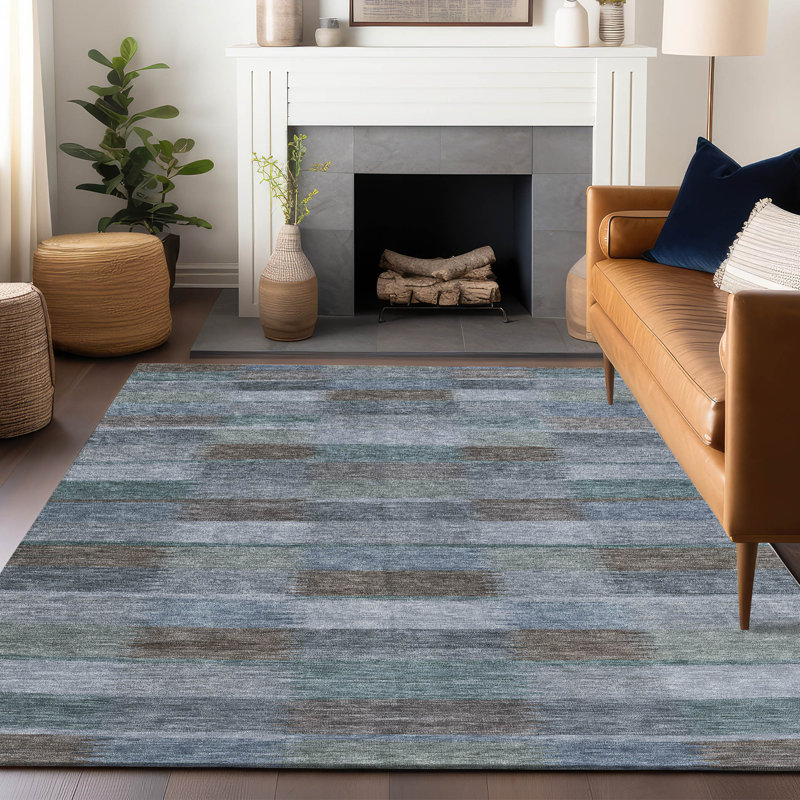 Tapis bleu intérieur / extérieur lavable à la machine Claudian ACN1628, Rectangle 10 pi x 14 pi